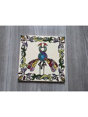 Hand-Painted Italian Ceramic Tile Peacock Design 6" Wall Decor Trivet Marazzi
